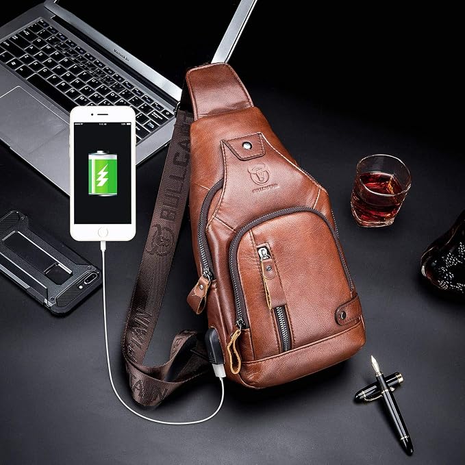 BULLCAPTAIN Leather Sling Bag Mens Chest Bag Casual Shoulder Crossbody Bags - Image 6