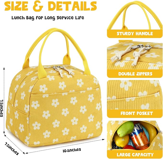 Bluboon Lunch Bag for Women Men Cute Corduroy Lunch Tote Bags Reusable - Image 4