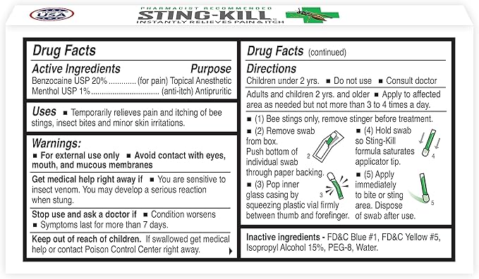 Sting-kill First Aid Anesthetic Swabs, Instant Pain + Itch Relief from Bee - Image 2