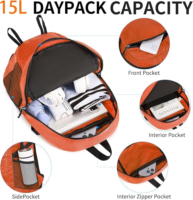 Small Hiking Daypack, 15L Water-Resistant Hiking Backpack Packable Lightweight - Image 4