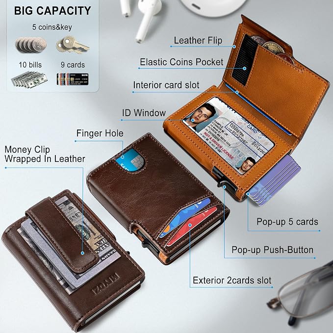 Men Wallet, with Money Clip Coins Pocket ID Window, Slim Front Pocket RFID - Image 2