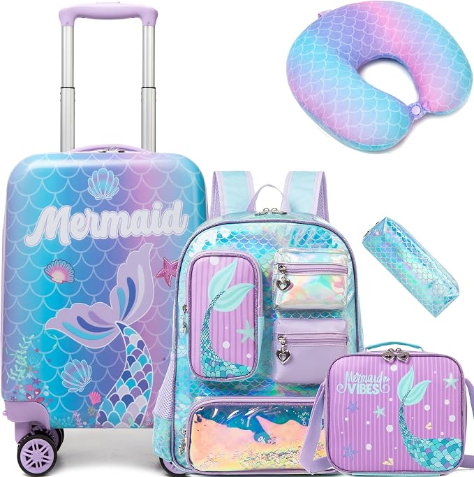 Cute Mermaid Kid’s Luggage Set 5 Piece Suitcase Set 16’’ Hardside Luggage by Unknown