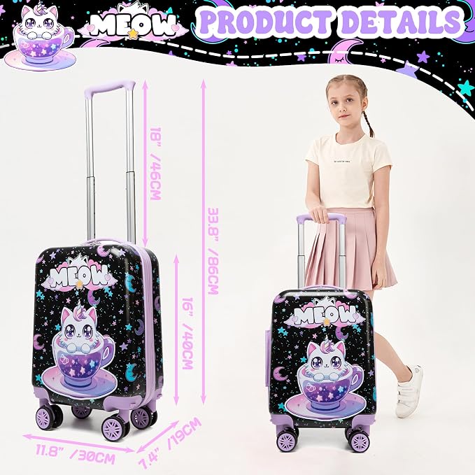 Cute Black Cat Kid's Luggage Set 2 Piece Suitcase Set 16" Hardside Luggage - Image 2