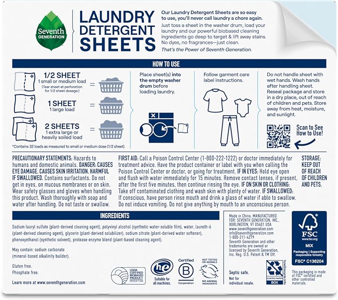 Seventh Generation Laundry Detergent Sheets 32ct Free & Clear Removes Tough - Image 2