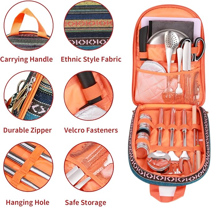 Portable Camping Kitchen Utensil Set-27 Piece Cookware Kit, Stainless Steel - Image 2