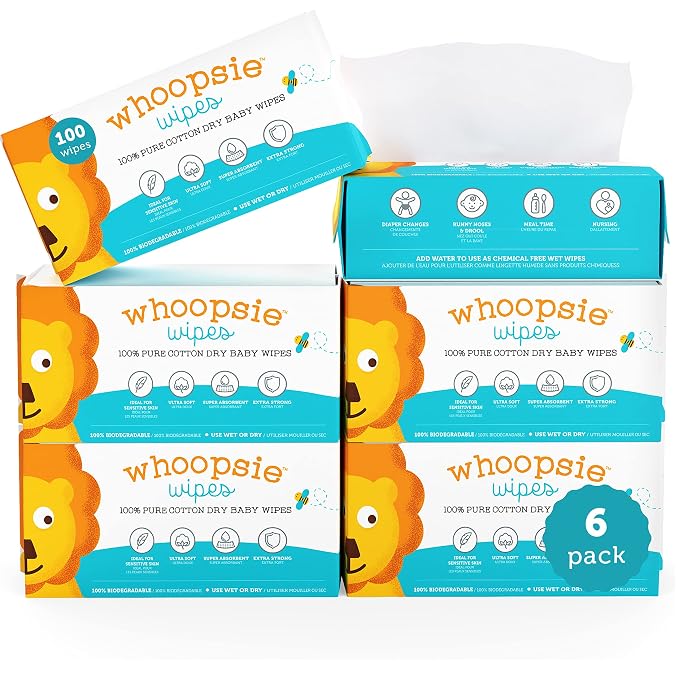 100% Pure Cotton Dry Wipes | 600 Count | Use Wet or Dry | Soft & Sensitive | by WhoopsieWipes