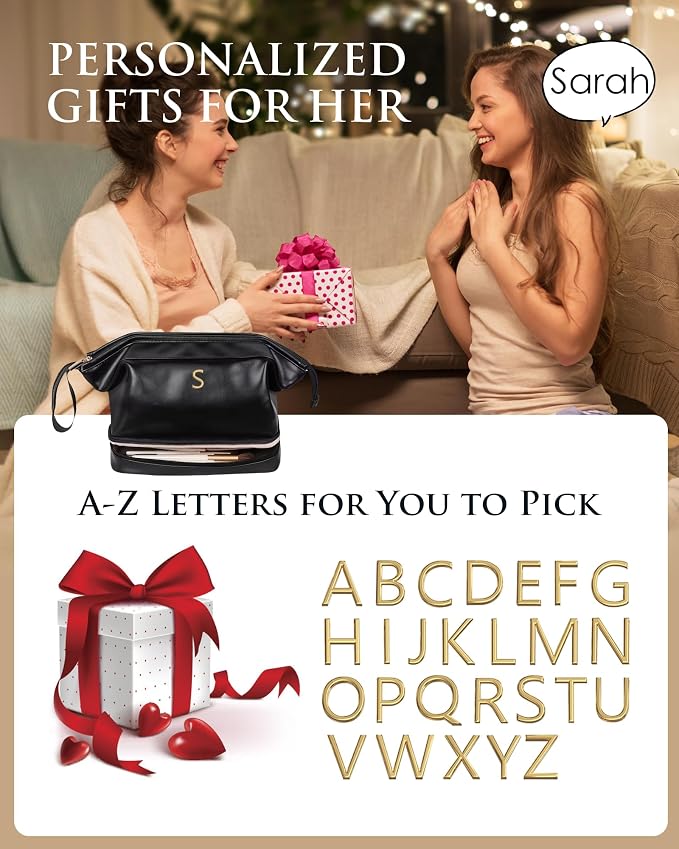Girlfriend Gifts, Personalized Makeup Bag, Initial Double Layer Cosmetic Bag - Image 6