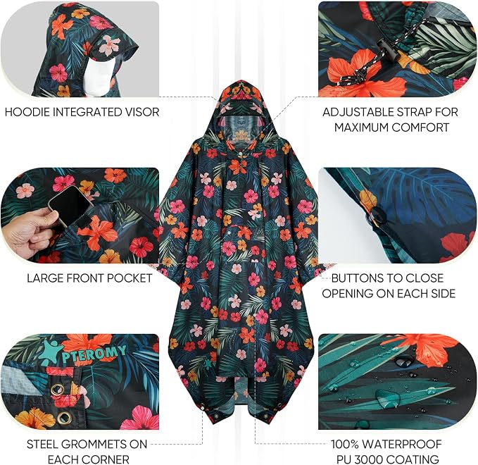 PTEROMY Hooded Rain Poncho for Adult - Image 2