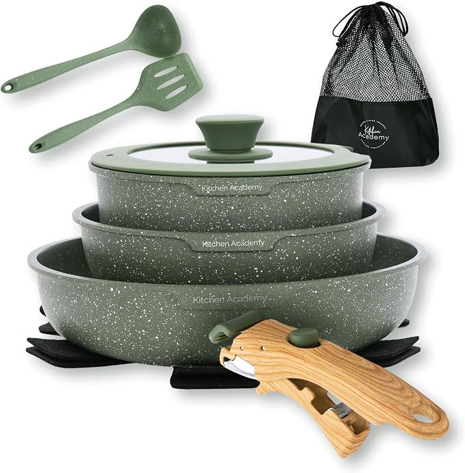Kitchen Academy Removable Handle Pots and Pans Set by KITCHENACADEMYBETTERLIVINGTHROUGHCOOKINGPERFECTION