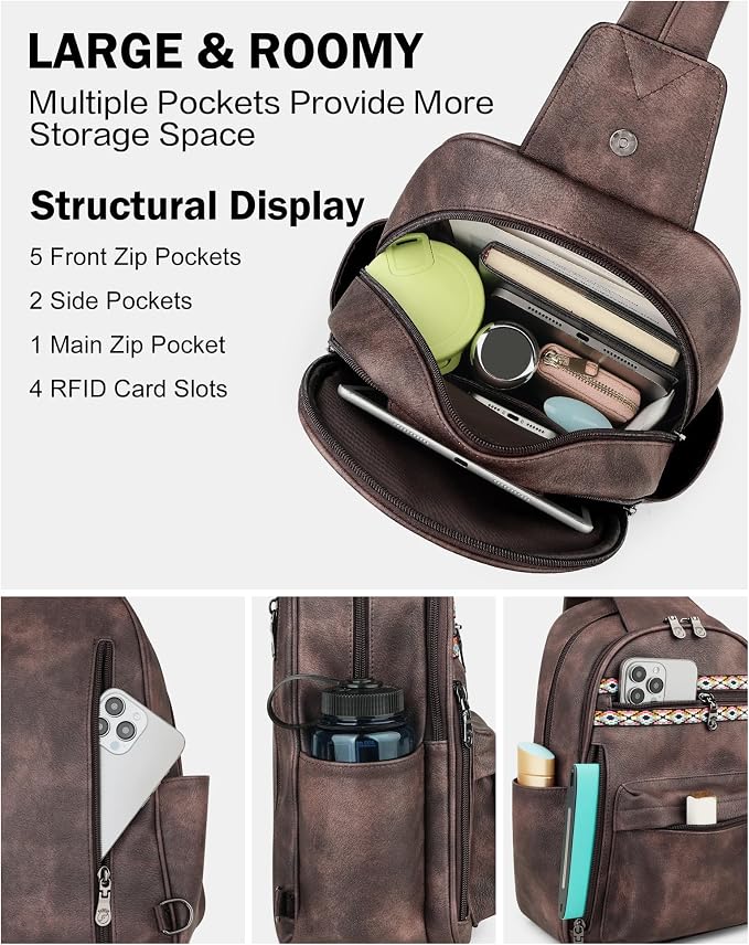 FADEON Large Sling Bag for Women, Leather Crossbody Purse Designer Anti Theft - Image 5