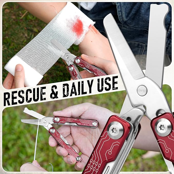 BIBURY Mini Keychain Multitool Scissors BI2061R, 9 in 1 Multitool EDC Scissors - Image 4