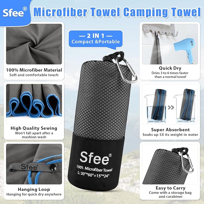 Sfee 2 Pack Microfiber Travel Towel, Quick Dry Towel Camping Towel Super - Image 2