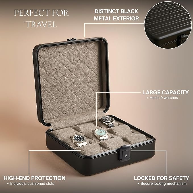 Bey-Berk Prague Aluminum Watch Case in Matte Black – 9-Slot Locking Travel Box - Image 3