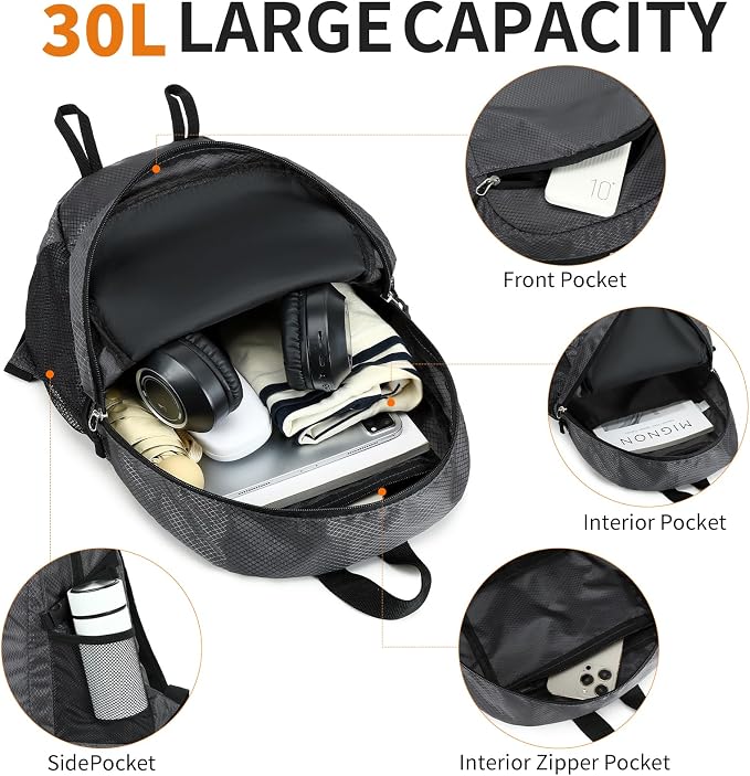 Hiking Daypack, 30L Waterproof Hiking Backpack Packable Lightweight Travel Day - Image 5