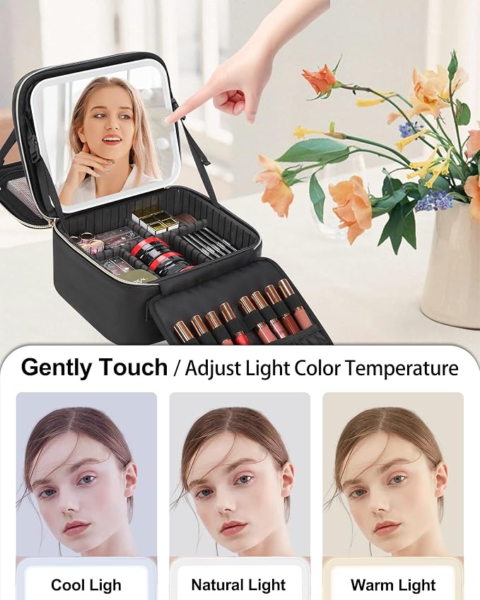 Travel Makeup Bag with LED Mirror Double Layer Makeup Case with Lighted Mirror - Image 3