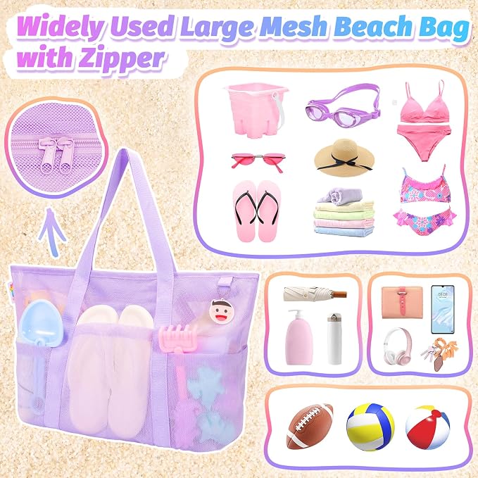 Tagitary Mesh Beach Bag with Zipper Large Beach Tote Waterproof Sandproof with - Image 5