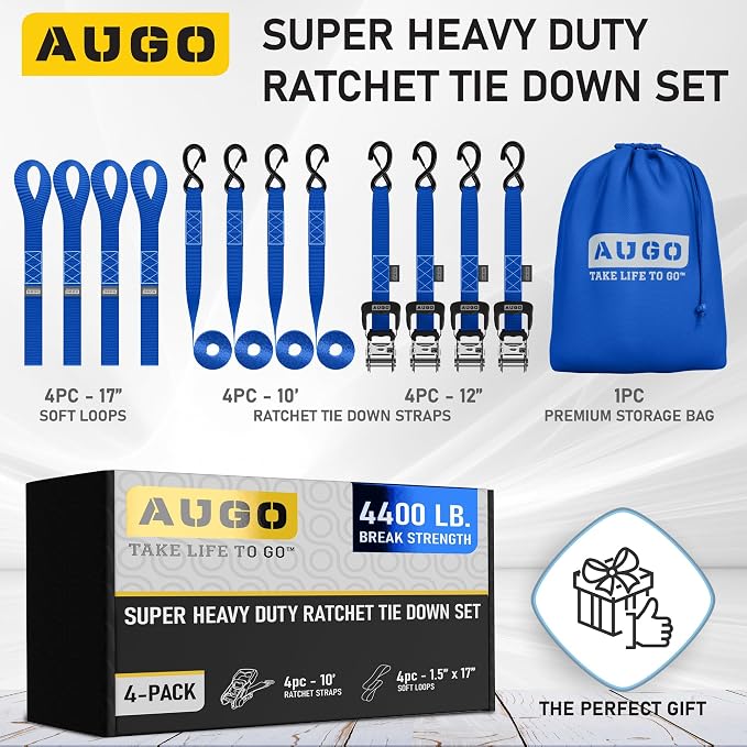 AUGO Heavy Duty Ratchet Straps & Soft Loops – Pack of 4 Extra Strong 1.5” by - Image 4