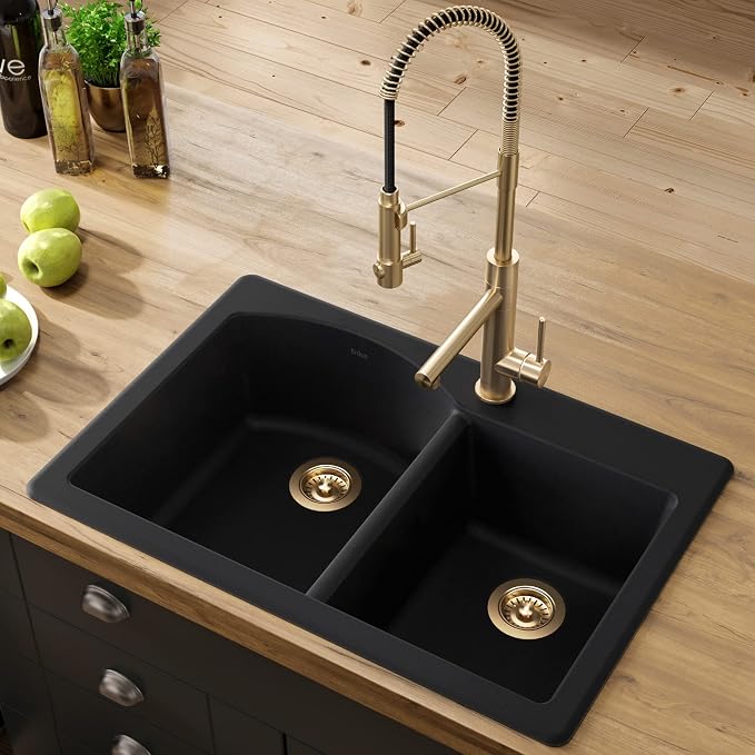 KRAUS Forteza™ 33” Dual Mount 60/40 Double Bowl Granite Kitchen Sink in Black - Image 2