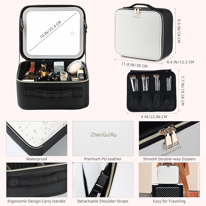 Travel Makeup Bag with LED Mirror – Waterproof Cosmetic Train Case with - Image 3