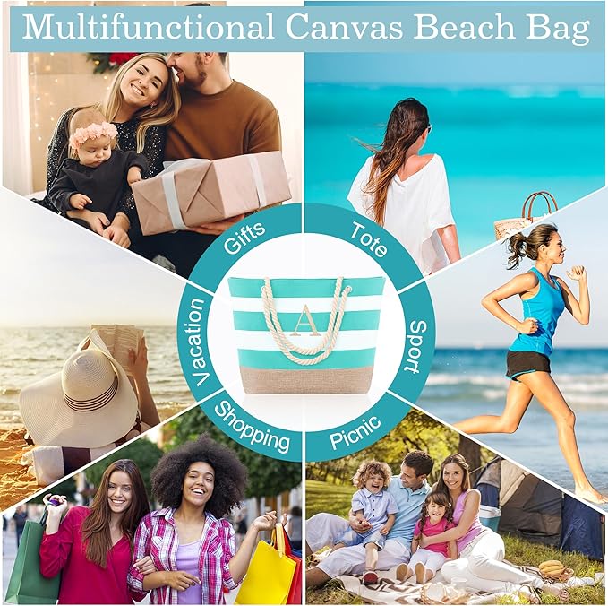 YOOLIFE Initial Canvas Waterproof Beach Tote Bag Zipper Personalized Gifts - Image 6