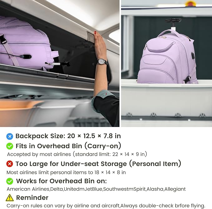 Boavan Rolling Backpack for Women, 17.3 Inch Wheeled Laptop Backpack, Large - Image 3
