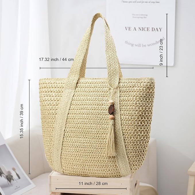 Straw Beach Bags for Women Woven Beach Tote Bag Casual Boho Large Shoulder - Image 4