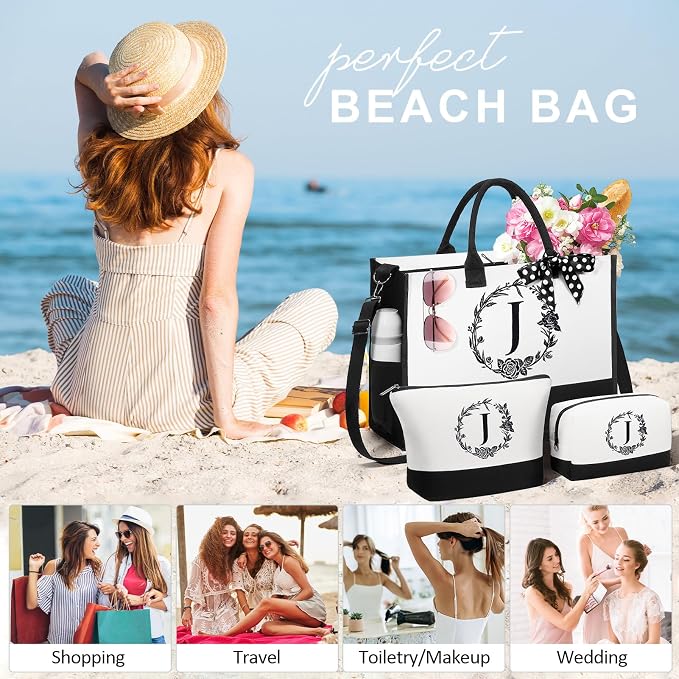 Personalized Christmas Gifts for Women, Initial Canvas Tote Bag & Makeup Bag - Image 4