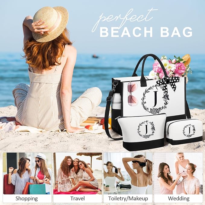 Personalized Christmas Gifts for Women, Initial Canvas Tote Bag & Makeup Bag - Image 4