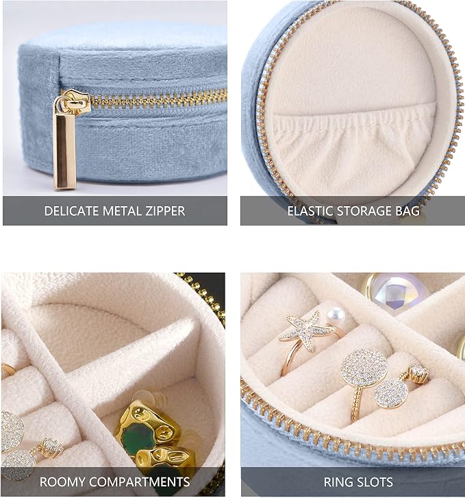 TAIMY Plush Velvet Travel Jewelry Box, Round Mini Travel Jewelry Case - Image 3