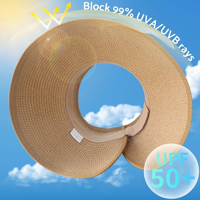 NPJY Sun Hats for Women Wide Brim Roll-Up Beach Ponytail Hat Packable Foldable - Image 2