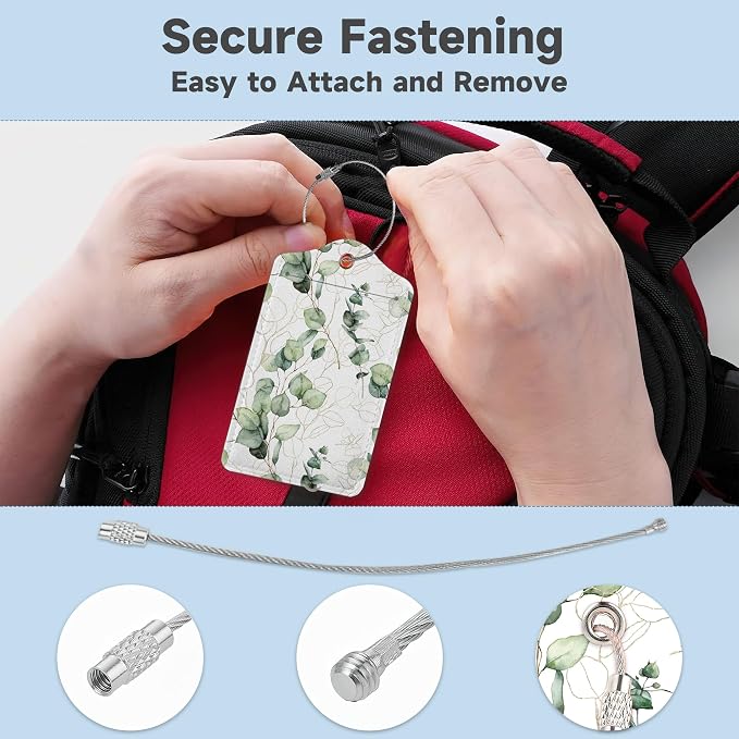 2 Pack Leather Luggage Tag for Suitcase Green White Eucalyptus Leaves Unique - Image 3
