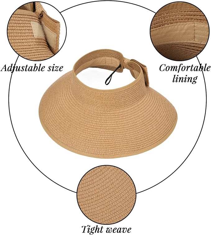 Sun Hats for Women Straw Beach Hat Wide Brim Sun Visor Summer Hat Packable - Image 4