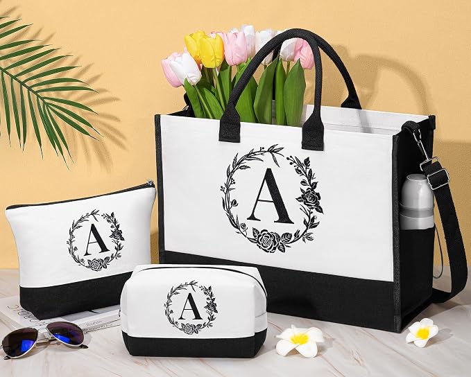 Personalized Christmas Gifts for Women, Initial Canvas Tote Bag & Makeup Bag - Image 2