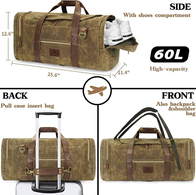60L Travel Bags for Men, Nomad Washed Canvas Duffle Bag Vintage Genuine Leather - Image 3