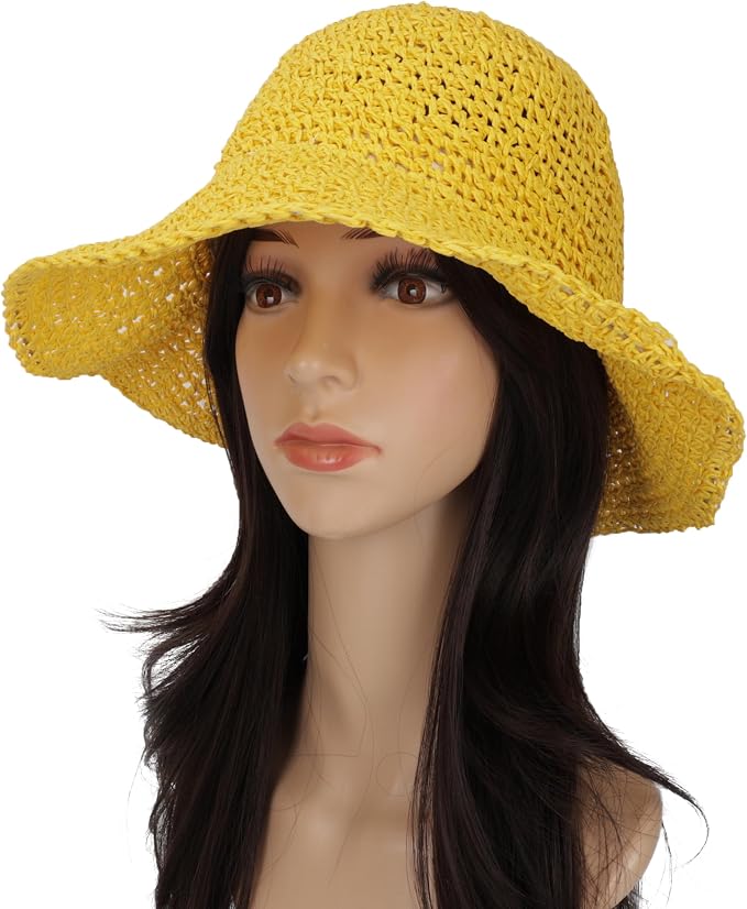 Womens Wide Brim Straw Sun Hat Foldable Floppy Crochet Beach Hat - Image 2