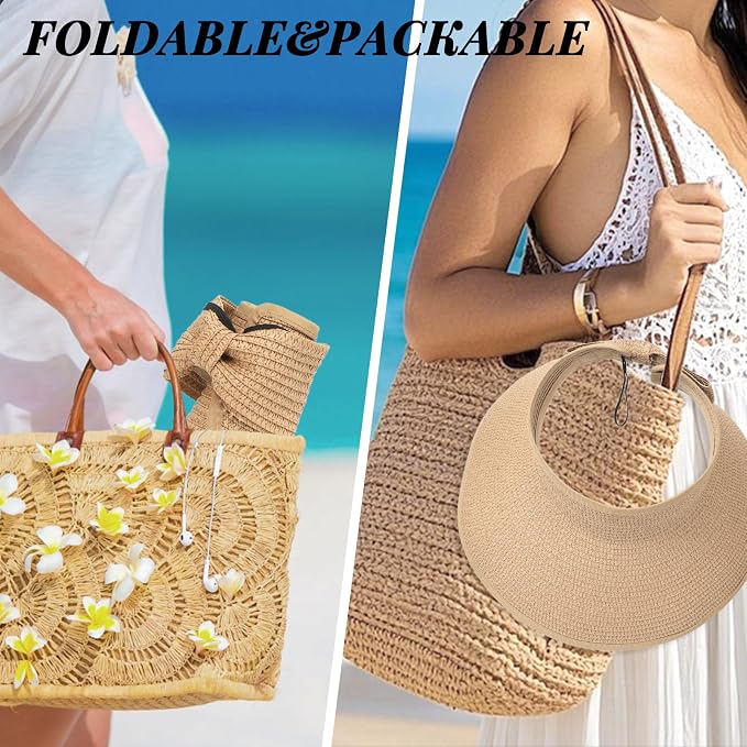 Sun Hats for Women Straw Beach Hat Wide Brim Sun Visor Summer Hat Packable - Image 3