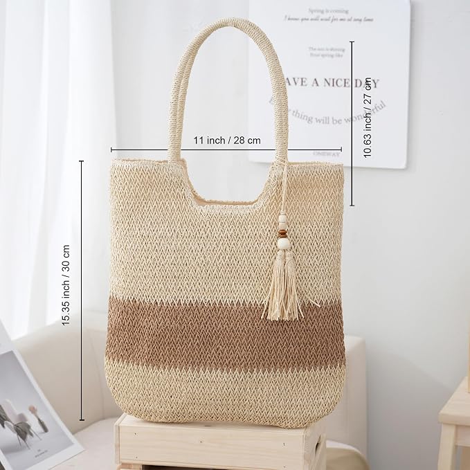 Straw Beach Bags for Women Woven Beach Tote Bag Casual Boho Large Shoulder - Image 4