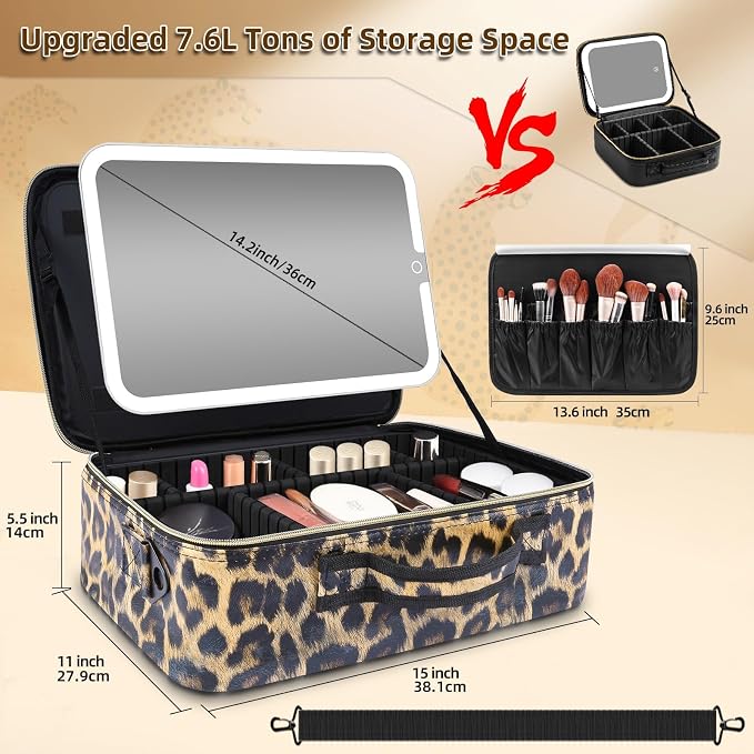 Large Travel Makeup Bag with LED Mirror, 3-Color Stepless Dimming Stand Mirror - Image 3