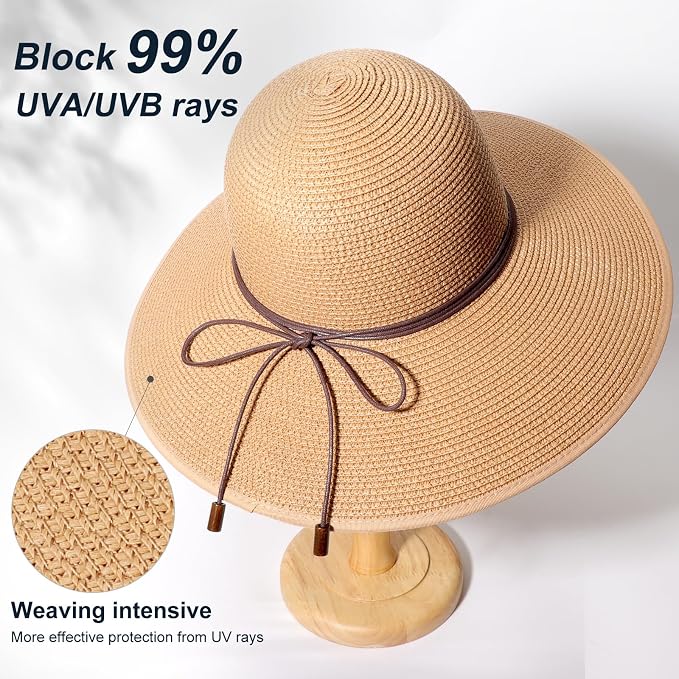 DRESHOW Beach Hats for Women Big Straw Wide Brim Summer Hat Floppy Foldable - Image 2