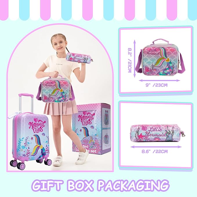 Cute Pink Mermaid Kid’s Luggage Set 5 Piece Suitcase Set 16’’ Hardside Luggage - Image 6
