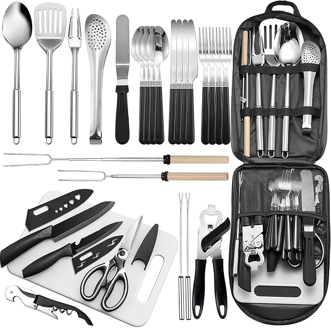 Portable Camping Kitchen Utensil Set-27 Piece Cookware Kit, Stainless Steel by Freehiker