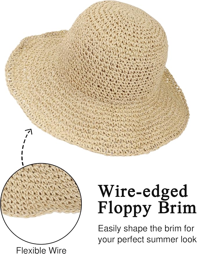 Womens Wide Brim Straw Sun Hat Foldable Floppy Crochet Beach Hat - Image 4