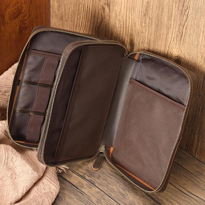 Polare Full Grain Leather Travel Cable Organizer Case Double Layer Electronics - Image 4