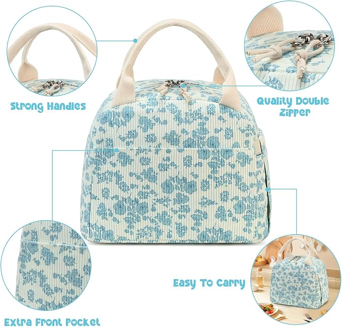Bluboon Lunch Bag for Women Men Cute Corduroy Lunch Tote Bags Reusable - Image 2