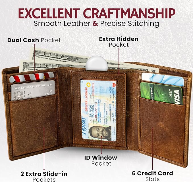 BULL GUARD Best Leather Men's RFID Trifold Wallet - Image 6