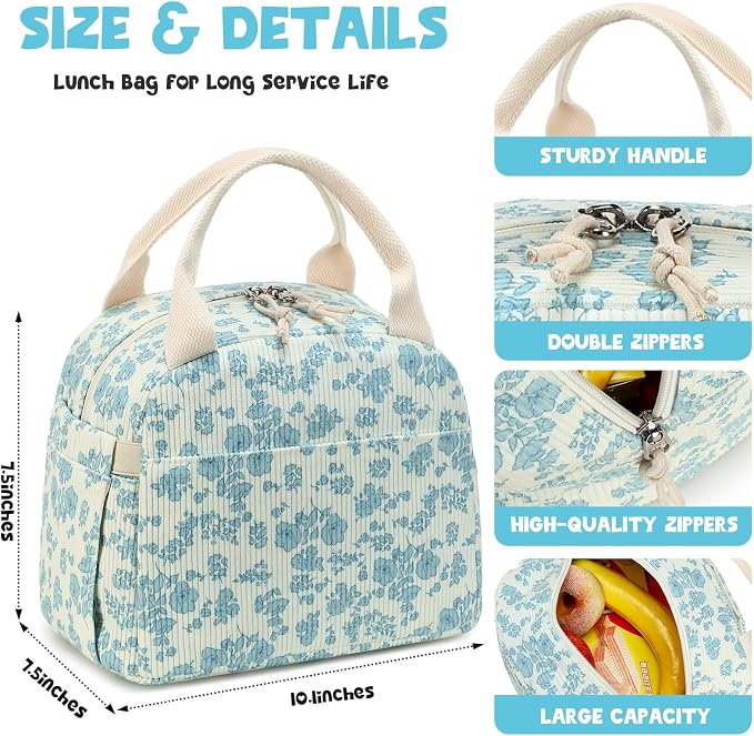 Bluboon Lunch Bag for Women Men Cute Corduroy Lunch Tote Bags Reusable - Image 7