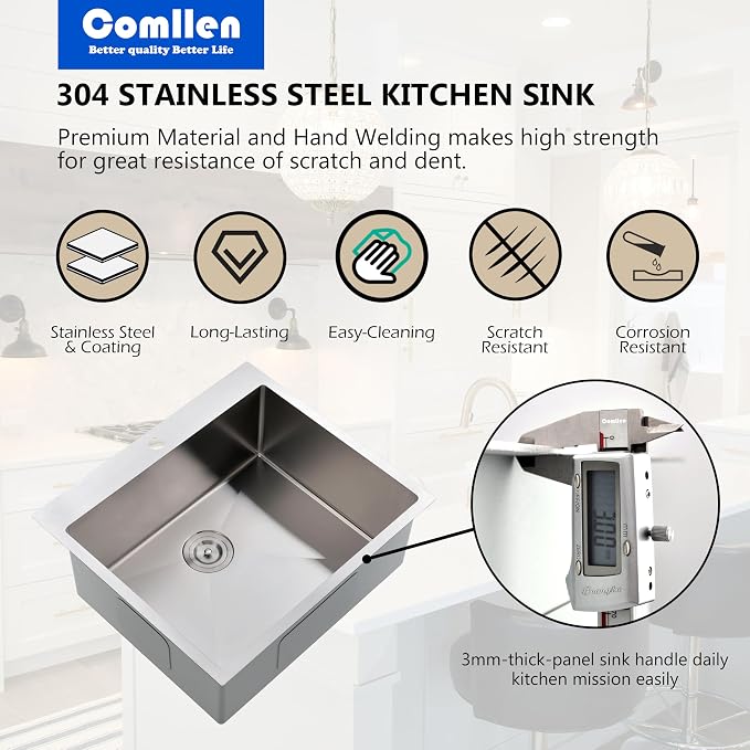 Comllen 25 x 22 Inch Drop In Kitchen Sink, Brushed Nickel Topmount 16 Gauge - Image 4
