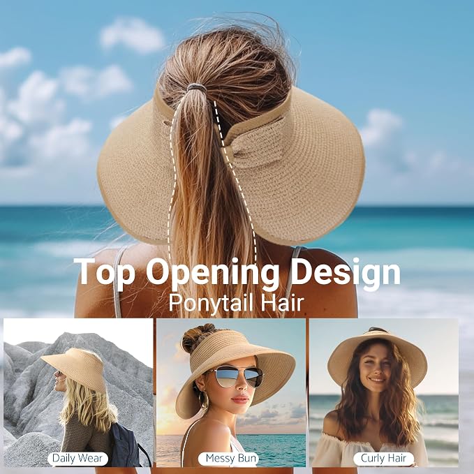PFFY Sun Hats for Women Straw Beach Hat Packable Foldable Wide Brim Ponytail - Image 3