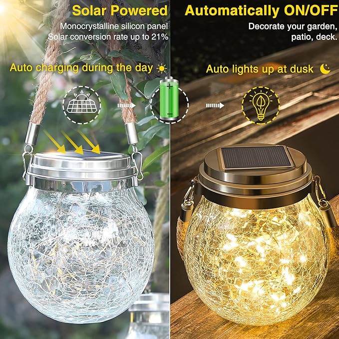 ROSHWEY Solar Lantern, 2 Pack Garden Decor Lights Waterproof Outdoor Lanterns - Image 5