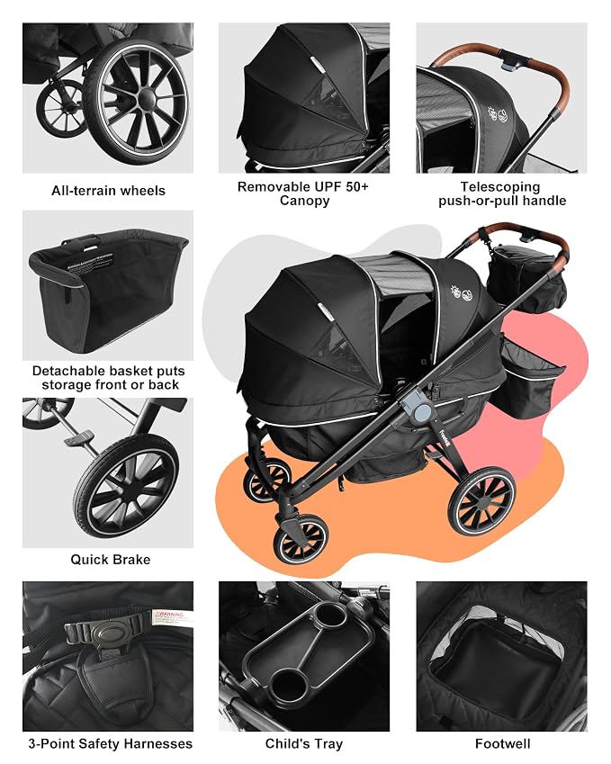 Tandem Wagon Stroller–All-Terrain 2-in-1 Push&Pull Design, Double Seat - Image 7